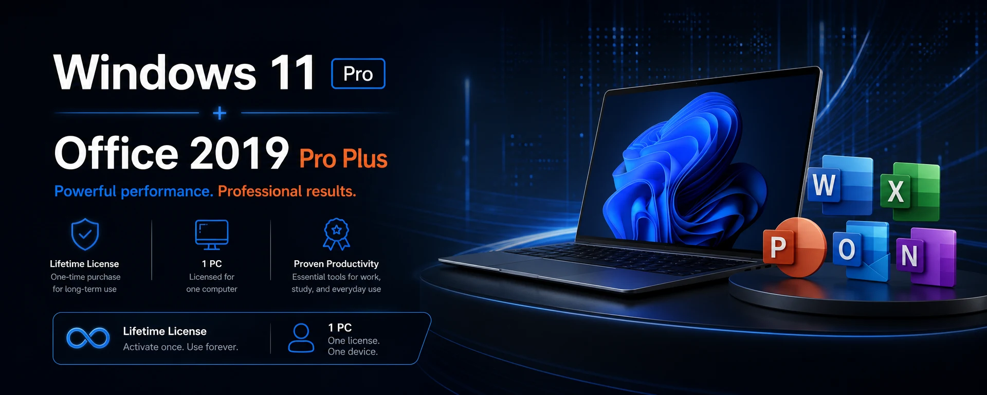 Windows 11 Pro and Microsoft Office 2019 Pro Plus lifetime license key for 1 PC