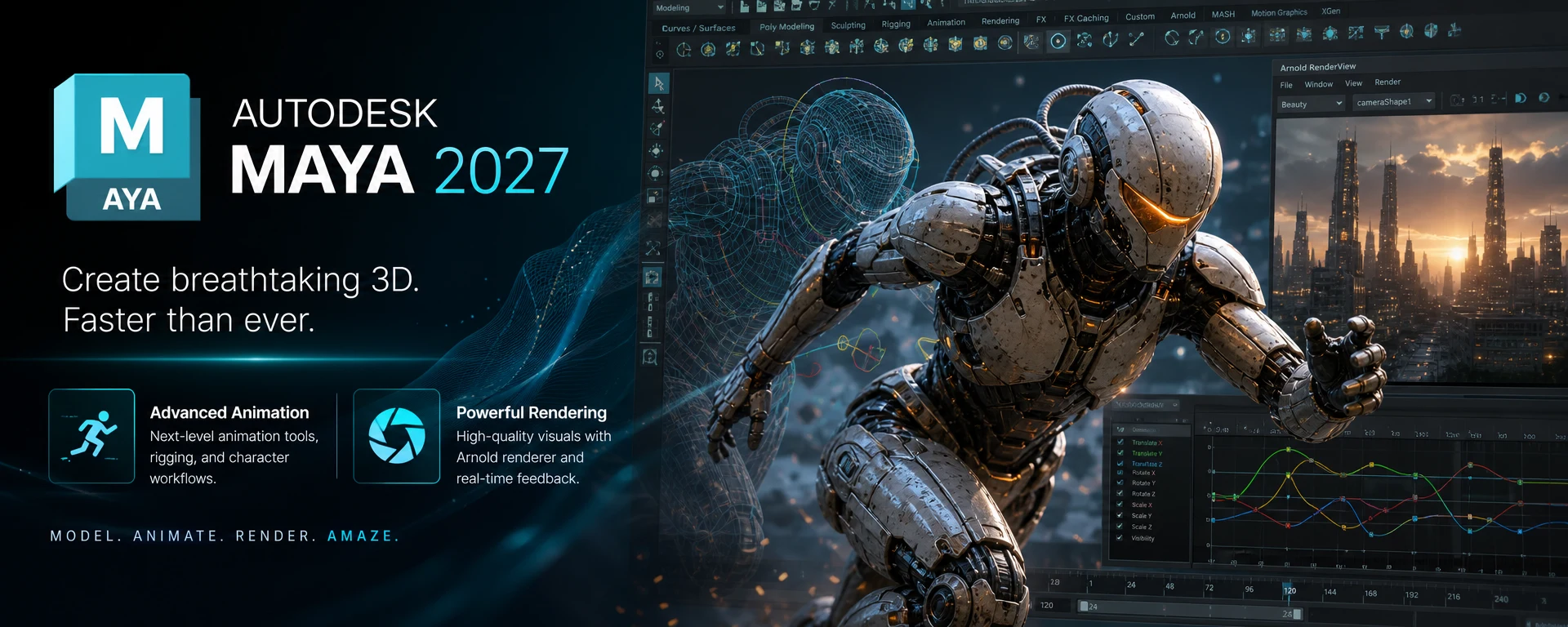Autodesk Maya 2027 software interface showcasing 3D animation features