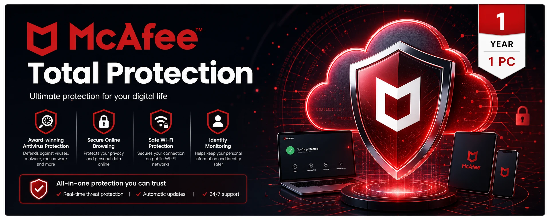 McAfee Total Protection 1 Year 1 PC - Comprehensive Security Software